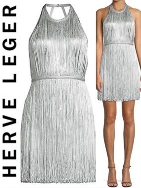 Herve Leger Silver Fringe Dress